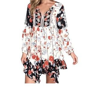 Patrons of Peace‎ Floral Print Long Sleeve Bohemian Mini Dress Size S *FLAWS